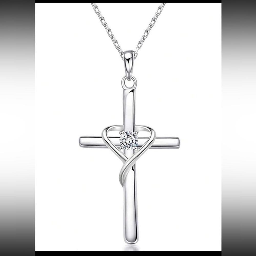 Silver Cubic Zirconia Cross Necklace, Cross Heart Necklace